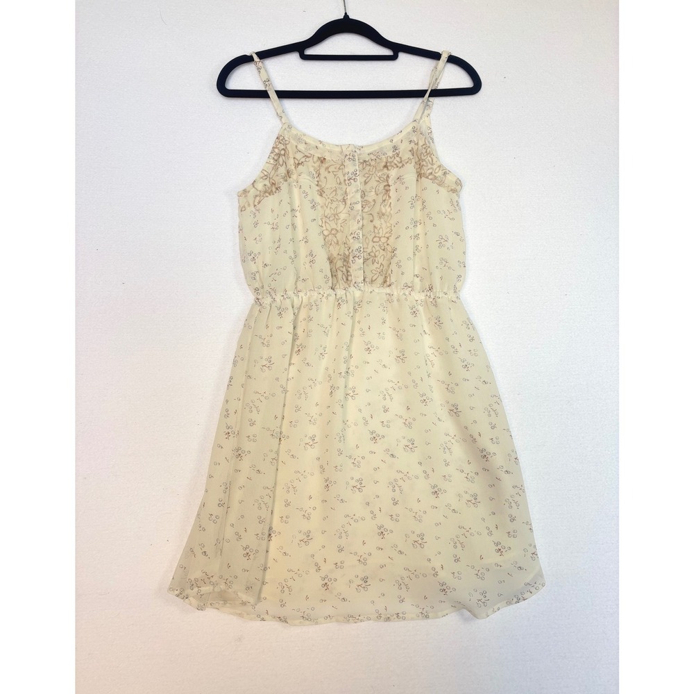 Cream Floral Chiffon Mini Dress Gold Lace Trim Sleeveless Cottagecore Boho S